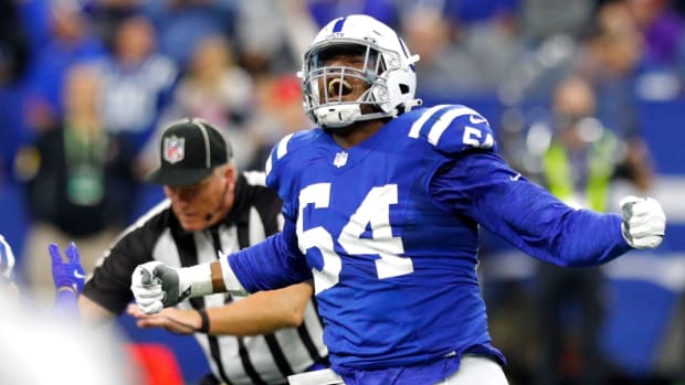 Indianapolis Colts defensive end Dayo Odeyingbo (54) celebrates after sacking Jacksonville Jaguars quarterback Trevor Lawrence (16) on Sunday, Nov. 14, 2021, during a game against the Jacksonville Jaguars at Lucas Oil Stadium in Indianapolis.